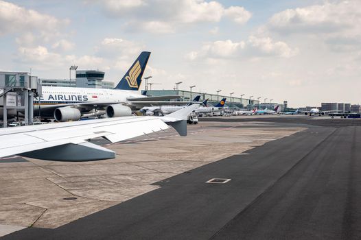 05/26/2019. Frankfurt Airport, Germany. Singapore Airplane at terminal. Airport operated by Fraport and serves as the main hub for Lufthansa.