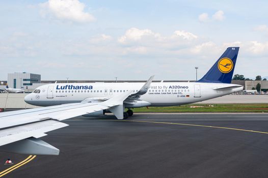 05/26/2019 Frankfurt Airport, Germany. Airbus A320 neo new taxiing to runway. Airport operated by Fraport and serves as the main hub for Lufthansa.
