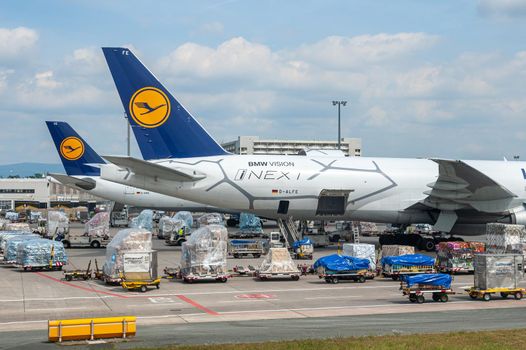 05/26/2019. Frankfurt Airport. Germany. Boeing 777 Freighter in Lufthansa cargo depot operated by Fraport and serves as the main cargo hub.