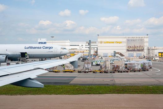 05/26/2019. Frankfurt Airport. Germany. Boeing 777 Freighter in Lufthansa cargo depot operated by Fraport and serves as the main cargo hub.