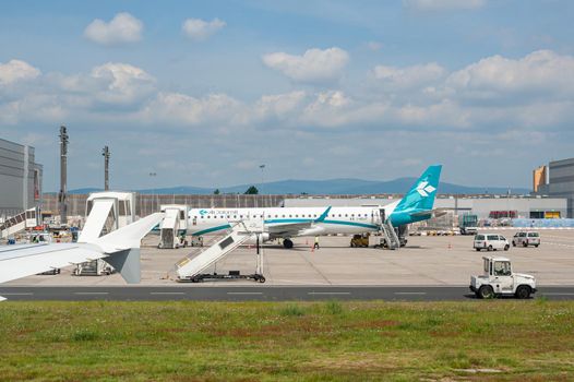 05/26/2019 Frankfurt Airport, Germany. Air Dolomiti, the Italian airline part of the Lufthansa Group. Airport operated by Fraport and serves as the main hub for Lufthansa including Lufthansa CityLine and Lufthansa Cargo.