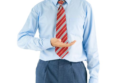 Close up, Male wearing blue shirt and red tie reaching hand out with clipping path