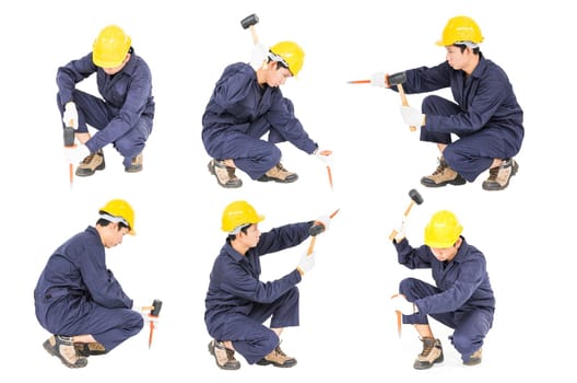 Set of Young man in uniform sit and holding hammer was nailed to a cold chisel Cut out isolated on white background