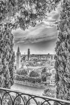 Panoramic aerial view over central Verona and the Adige River, Italy