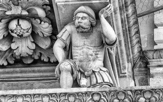 Sculpture on the facade of the Church of the Holy Cross in Lecce. Masterpiece of baroque art in Salento, Apulia, Italy