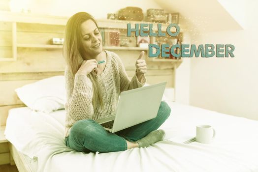 Text caption presenting Hello December, Conceptual photo greeting used when welcoming the twelfth month of the year Abstract Ordering Food Online, Solving Problems On Internet Forums