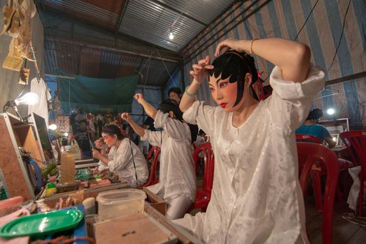 George Town, Penang/Malaysia - Feb 23 2017: Actress opera make up at the back stage.