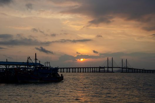 Georgetown, Penang/Malaysia - Mar 28 2018: Penang Second Bridge near Batu Maung fishing jetty.