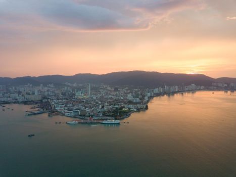 Bukit Mertajam, Penang/Malaysia - May 08 2019: Aerial view Penang island during sunset.