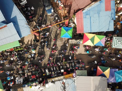 Bukit Mertajam, Penang/Malaysia - Jun 03 2019: Aerial morning people go to wet market.