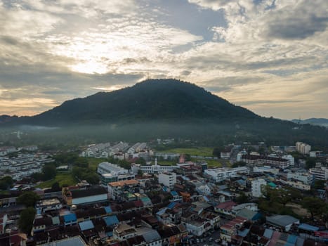 Bukit Mertajam, Penang/Malaysia - Jun 09 2019: Aerial view Bukit Mertajam town during sunrise hour.