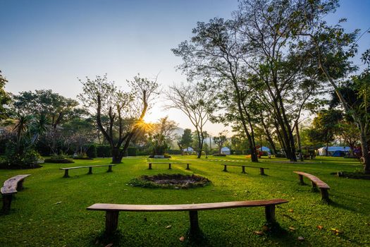 circle bench and sunrise in the park