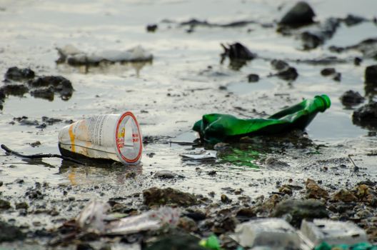 Batu Maung, Penang/Malaysia - Dec 28 2019: Food plastic contamination at sea.