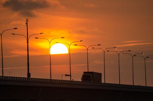 Batu Kawan, Penang/Malaysia - Dec 29 2019: A truck is move at Penang Second Bridge during sunset hour.