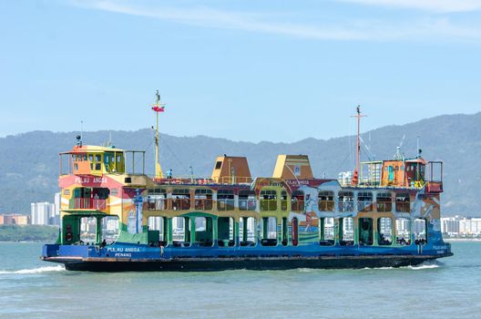 Butterworth, Penang/Malaysia - Jan 01 2020: Colorful ferry at Penang sea.