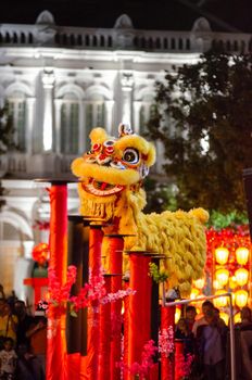 Georgetown, Penang/Malaysia - Feb 15 2020: Lion dance on stilt performance during chinese new year.