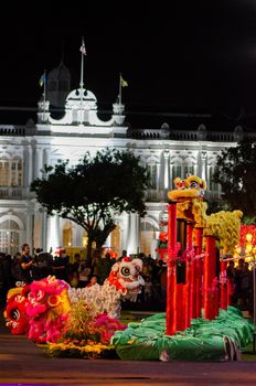 Georgetown, Penang/Malaysia - Feb 15 2020: Two lion dance perform at stilts.