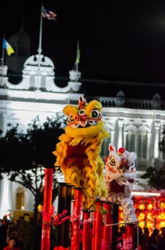 Georgetown, Penang/Malaysia - Feb 15 2020: Two lion dance on stilt perform during chinese new year celebration.