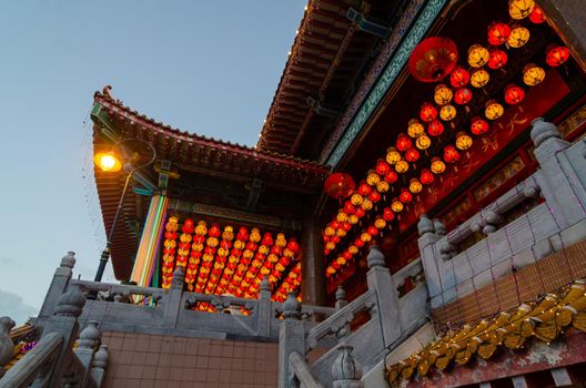 Georgetown, Penang/Malaysia - Feb 20 2020: Kek Lok Si with decorated lantern during blue hour.