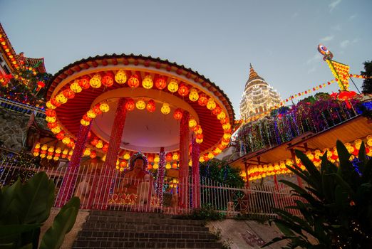 Georgetown, Penang/Malaysia - Feb 20 2020: Buddha under pavilion at Kek Lok Si temple.