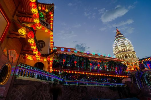 Georgetown, Penang/Malaysia - Feb 20 2020: Colorful lantern light up at Kek Lok Si.