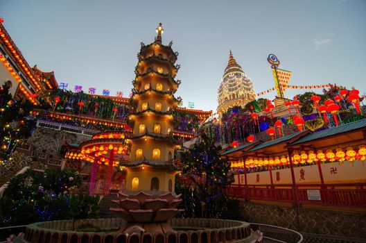 Georgetown, Penang/Malaysia - Feb 20 2020: Kek Lok Si light up during dusk hour.