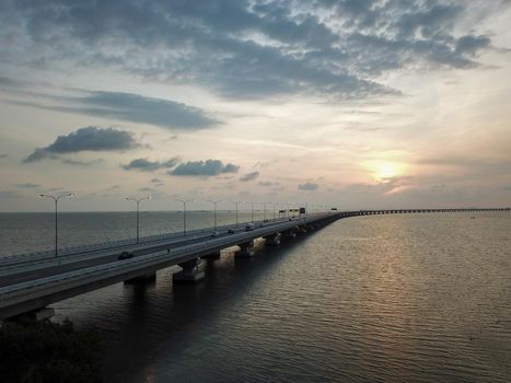 Batu Kawan, Penang/Malaysia - Feb 27 2020: Sultan Abdul Halim Muadzam Shah Bridge during sunset.