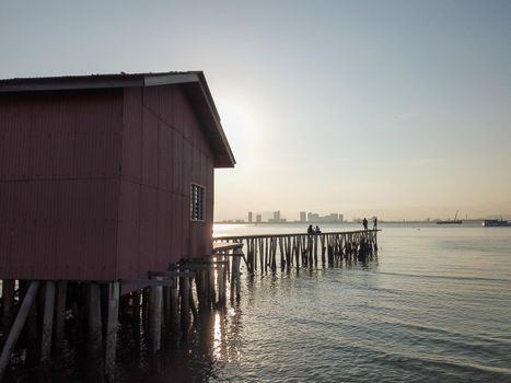 Georgetown, Penang/Malaysia - Feb 29 2020: Red temple in morning at Tan Jetty.