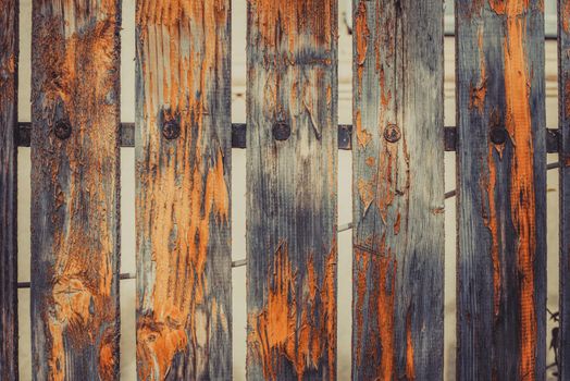 Old fence with the orange peeled-off paint and nails