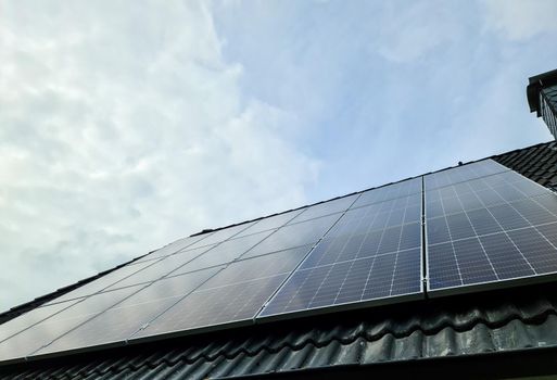 View at new solar panels on the roof of a residential house