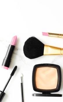 Make-up and cosmetics products on marble, flatlay background - modern feminine lifestyle, beauty blog and fashion inspiration concept