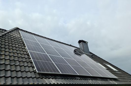 View at new solar panels on the roof of a residential house