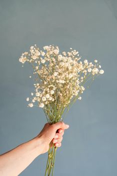 Happy birthday flowers, White gypsophila flowers in woman hand on blue background, minimal style