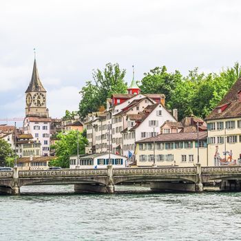 Zurich, Switzerland view of historic Old Town buildings near main railway train station Zurich HB, Hauptbahnhof, Swiss architecture and travel destination.