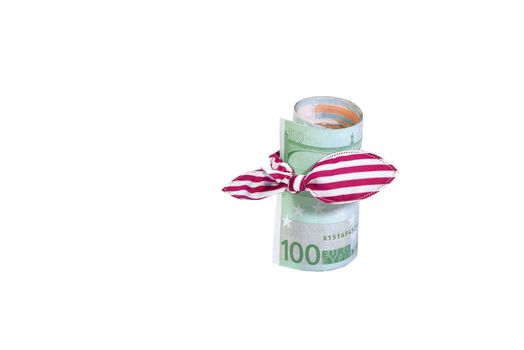 Hundred euros banknote curtailed by a tubule with purple elastic band with a bow isolated on white
