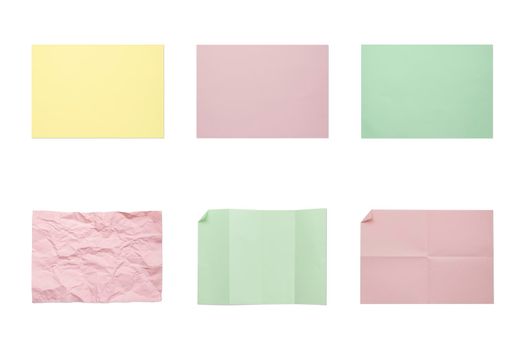 Collection of group of colorful blank 4A papers isolated on white background.