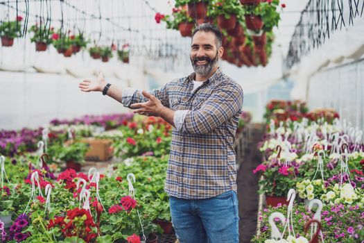 Adult man is owning small business greenhouse store.