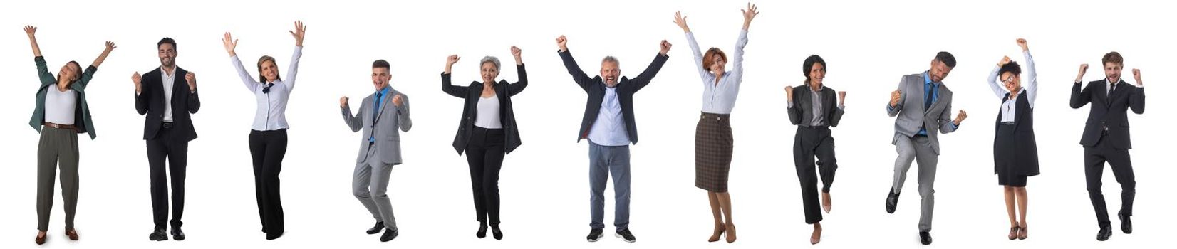 Set of full length portraits of happy multi-racial Group Of Business People Raising Arms Over White Background
