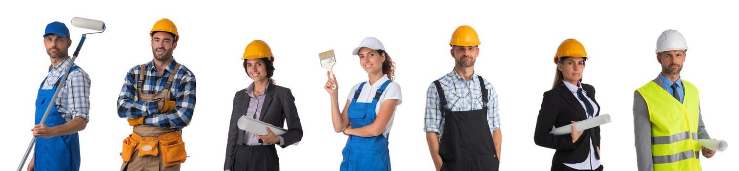 Set of professional construction workers isolated over white background