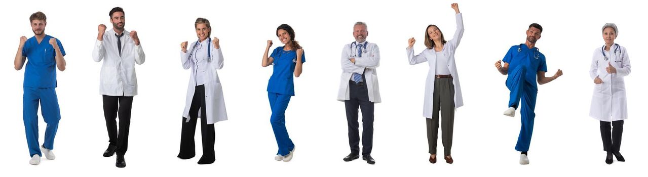 Collage of people in uniforms isolated on white background. Medical staff