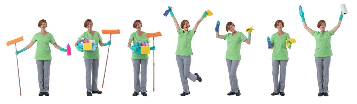 Set Professional cleaner with equipment. Isolated on white background