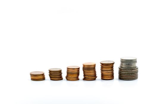 Coins stacked on a white background Growth concept Business finance And the availability of a money-saving plan To spend daily and Future money coins isolated on white background.