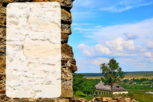 Banner for tourists on an old fortress with a landscape. a strip of empty space bearing a slogan or design, hung in a public place or carried in a demonstration or procession.