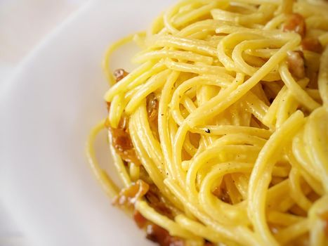 Close up of cooked spaghetti with carbonara sauce. Traditional recipe of Italian cuisine. Cooked pasta with yellow carbonara egg yolk sauce