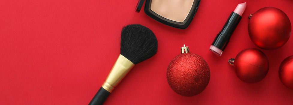 Cosmetic branding, fashion blog cover and girly glamour concept - Make-up and cosmetics product set for beauty brand Christmas sale promotion, luxury red flatlay background as holiday design