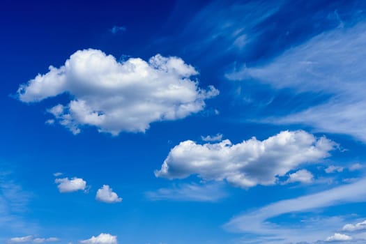 White cumulus clouds on blue sky background, natural phenomenon background and texture