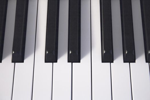 Part of the keyboard of a piano in white color. No people