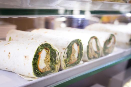 Vegetable pancake roll with spinach. No people