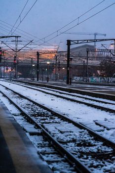 Northern Railway Station (Gara de Nord) during a cold and snowy day in Bucharest, Romania, 2021