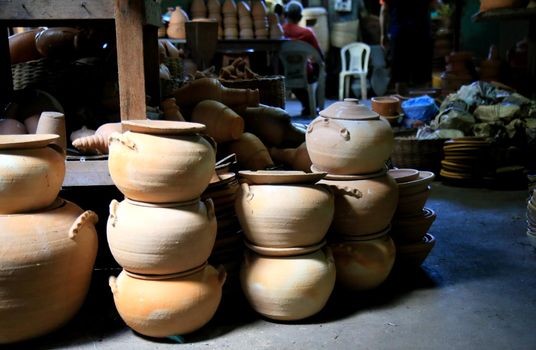 salvador, bahia, brazil - june 28, 2021: pieces made of clay in pottery are seen for sale at the Sao Joaquim fair in the city of Salvador.
